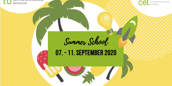 Header Summer School Bunte Grafik mit Palmen und sommerlichen Motiven auf weißem und gelben Hintergrund
